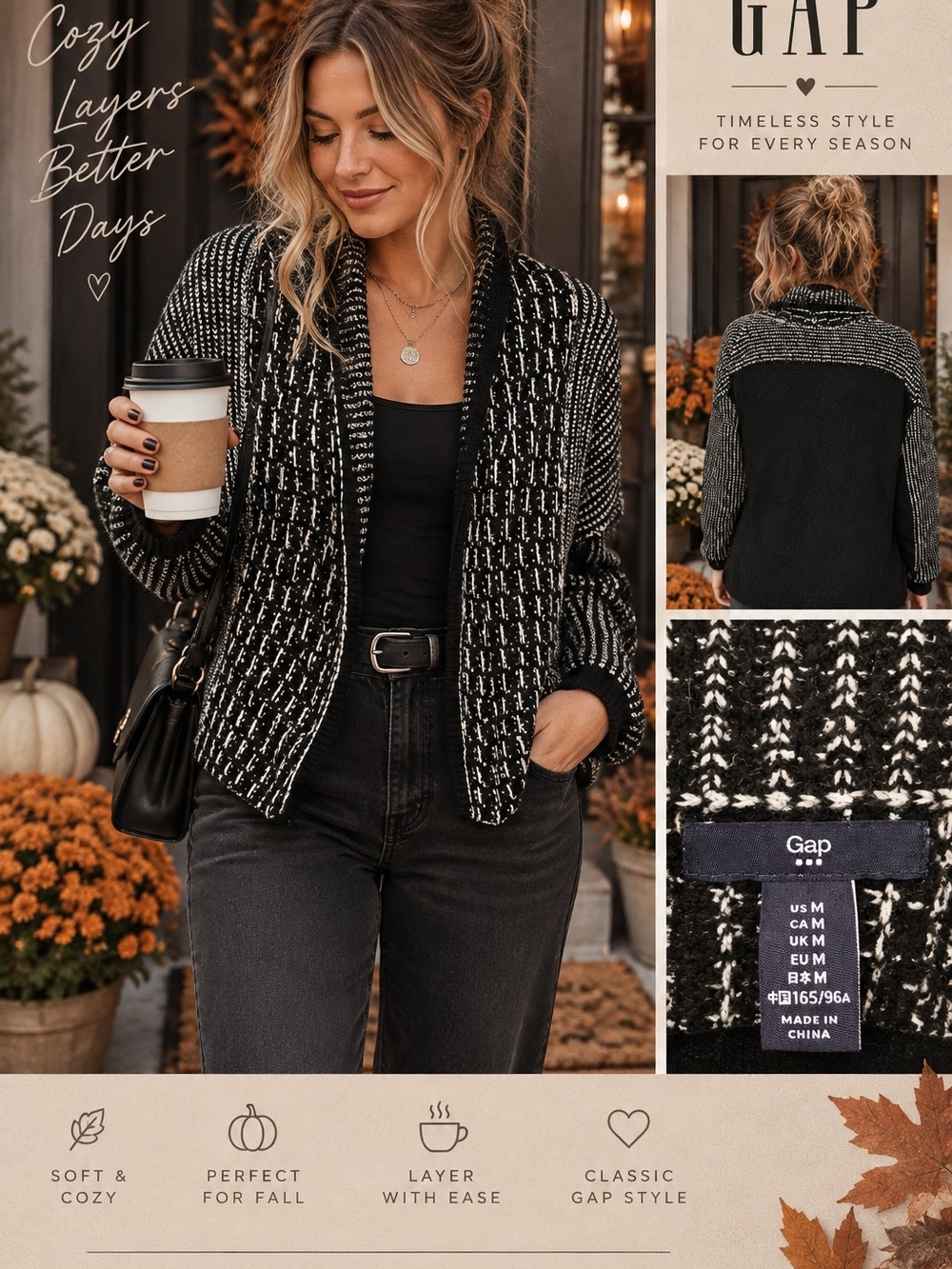 Gap Black & White Knit Open Cardigan Sweater